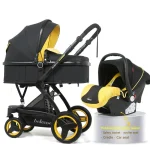 Poussette 3 en 1 Belecoo X6 siège auto incl. nacelle ajustable pliable design moderne noire jaune bébé 04 ans polyvalente facile à transporter