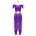Costume princesse arabe pour femmes fête Halloween danse spectacle style conte de fées couleur violet doré paillettes polyester ajusté accessoires inclus