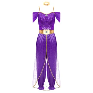 Costume princesse arabe pour femmes fête Halloween danse spectacle style conte de fées couleur violet doré paillettes polyester ajusté accessoires inclus Costume princesse arabe pour femmes fête Halloween danse spectacle style conte de fées couleur violet doré paillettes polyester ajusté accessoires inclus