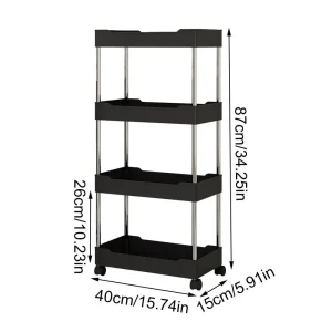 Organisateur de rangement avec roulettes chariot utilitaire 4 niveaux étagères ventilation drainage design moderne couleur noire idéal cuisine salle de bain bureau pratique et durable