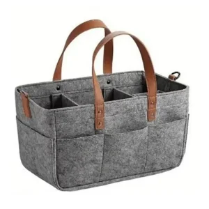 Panier de rangement multifonctionnel en feutre pour bébé portable compartiments intérieurs poignées en simili cuir style moderne couleur gris et marron