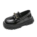 Mocassins noirs en PU pour bébé fille et garçon chaussures d&rsquo;école décontractées en métal à la mode pour enfant en bas âge automne  black liantiao