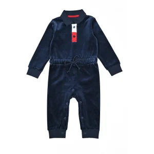Romper enfants en velours doux ensemble 2 pièces bleu marine accents rouges cordon taille boutons pression style moderne usage casual respirant durable qualité premium Romper enfants en velours doux ensemble 2 pièces bleu marine accents rouges cordon taille boutons pression style moderne usage casual respirant durable qualité premium