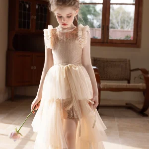 Robe de soirée pour filles fleurs champagne haut de gamme anniversaire mariage enfants 713 ans polyester Aline sans manches corde de serrage accessoires inclus soiree élégante Robe de soirée pour filles fleurs champagne haut de gamme anniversaire mariage enfants 713 ans polyester Aline sans manches corde de serrage accessoires inclus soiree élégante