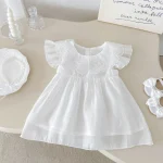 Robe d&rsquo;été pour bébé fille style princesse en coton manches courtes col brodé blanc 12 ans