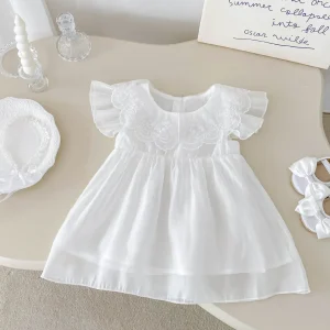 Robe d&rsquo;été pour bébé fille style princesse en coton manches courtes col brodé blanc 12 ans