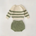 Ensemble tricot rayé pour bébé pull et short en coton 03 ans style moderne confortable uni et rayé vert olive et crème facile à porter