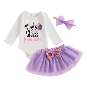 Tenue de 1er anniversaire pour bébé fille body à manches courtes jupe en tulle nœud à paillettes imprimé vache ensemble de 3 pièces nouveauné Easy Poussette