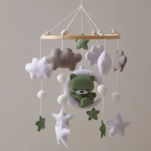 Jouet de décoration de pépinière Mobile en Nylon gris de 22,86 cm avec ours en peluche, nuages et étoiles – Cloche de lit apaisante pour chambre de jeunes