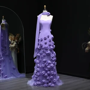Robe de soirée longue pour filles floral sans manches décolleté sweetheart occasion spéciale mariage coloris lilas Robe de soirée longue pour filles floral sans manches décolleté sweetheart occasion spéciale mariage coloris lilas