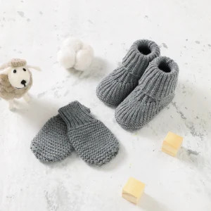 Ensemble chaussons et moufles tricotées pour bébé 018 mois gris uni confortable et doux accessoires mode bébé fille garçon idéal maison et quotidien