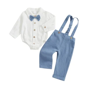 Ensemble bébé garçon Romper chemise blanc suspensifs bleu nœud papillon 018 mois