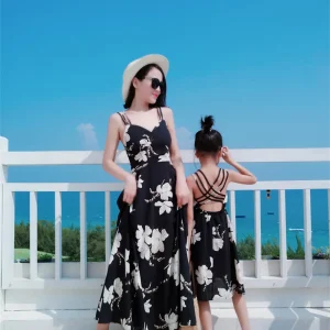 Robe d&rsquo;été en mousseline de soie assortie mère et fille tenues coordonnées style casual 2024  Black