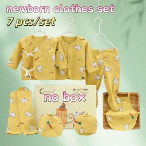 Ensemble 7 pièces pour nouveauné haut à manches longues pantalon bonnet 03 mois motifs animaux jaune vif doux et respirant Ensemble 7 pièces pour nouveauné haut à manches longues pantalon bonnet 03 mois motifs animaux jaune vif doux et respirant