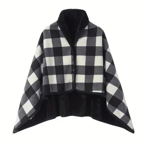 Poncho couverture en fausse fourrure doux chaleureux intérieur design moderne motif à carreaux noir et blanc adultes adolescents usage domestique soirée cocooning qualité premium facile d&rsquo;entretien