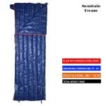 Sac de couchage camping Mountain Dream 90% duvet d&rsquo;oie 600g bleu avec finition rouge ultraléger 3 saisons portable dimensions 200x73cm