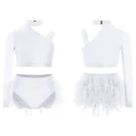 Robe de danse moderne pour filles 2 pièces manches asymétriques strass crop top et jupe en plumes ensemble de danse sur scène  Blanc
