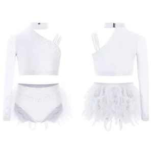 Robe de danse moderne pour filles 2 pièces manches asymétriques strass crop top et jupe en plumes ensemble de danse sur scène  Blanc