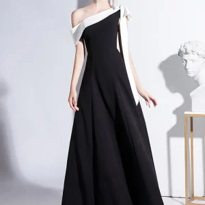 Robe longue de soirée formelle noire élégante pour femmes, asymétrique épaule dénudée, Slim, robe de bal, décontractée, Maxi, été, 2023 Robe longue de soirée formelle noire élégante pour femmes, asymétrique épaule dénudée, Slim, robe de bal, décontractée, Maxi, été, 2023