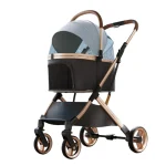 Poussette métallique élégante pour bébé design moderne cadre bronze tissu bleu clair panier de rangement promenades urbaines style sophistiqué