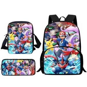 Sac à dos Pikachu enfant sacoche trousse 3 pièces motifs colorés polyester cadeau anniversaire usage scolaire