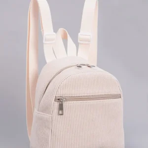 Sac à dos en velours côtelé minimaliste pour enfant usage quotidien style moderne couleur beige ajustable fermeture éclair métal poche avant polyester douceur confort