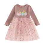 Robe fille manches longues tulle traîne brodée motifs trains pois colorés veste enfant anniversaire déguisement