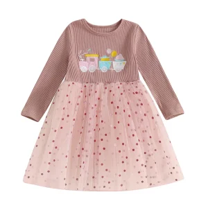 Robe fille manches longues tulle traîne brodée motifs trains pois colorés veste enfant anniversaire déguisement