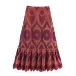 Jupe longue bohème floral femme été 2023 style indie folk coton naturel coupe évasée motifs géométriques coloris terracotta
