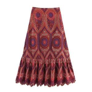 Jupe longue bohème floral femme été 2023 style indie folk coton naturel coupe évasée motifs géométriques coloris terracotta