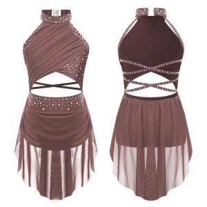 Robe de danse lyrique pour filles justaucorps de ballet scintillant maille transparente vêtements de danse modernes Costume de spectacle de fête de bal  Dusty Pink