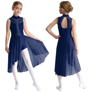 Robe de danse lyrique pour filles Costume de patinage artistique strass scintillants vêtements de danse de Ballet sans manches col montant ourlet asymétrique  Navy Blue