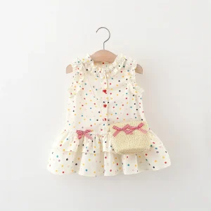 Robe d&rsquo;été pour filles en coton style Aline pois multicolores volants sac en paille 13 ans collection été