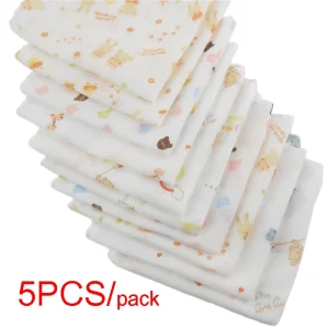5 serviettes carrées 31x31cm 100% coton gaze multi motifs animaux bébé nouveauné visage main bain alimentation éponge douce hygiène