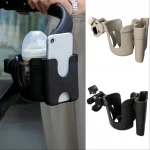 Support multifonctionnel pour poussette portegobelets et téléphone plastique clipon sécurisé design moderne noir et beige pratique pour les parents usage quotidien