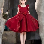 Robe rouge d&rsquo;anniversaire pour filles juniors robe de bal élégante style nœud papillon vêtements gala enfants