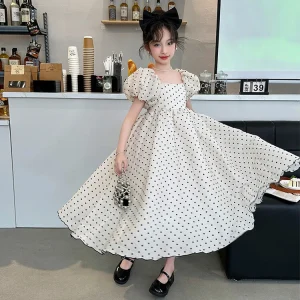 Robe de princesse à pois pour filles robe de carnaval élégante tenue festive pour enfants cadeau d&rsquo;anniversaire en coton doux style Aline manches chauvesouris
