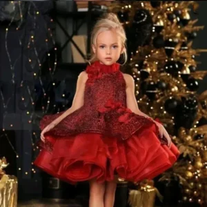 Robe de mariage pour bébé fille robe de communion tissu en tulle décolleté en halter dos nu volants multiniveaux style classique coloris floral Robe de mariage pour bébé fille robe de communion tissu en tulle décolleté en halter dos nu volants multiniveaux style classique coloris floral