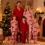 Pyjamas assortis famille maman fille noeud rouge rayé imprimé en satin pyjamas de Noël vêtements de nuit doux confortables