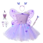Costume Fée en Tulle avec Ailes et Diadème Robe Tutu Violet pour Enfants Accessoires Inclus Idéal pour Fêtes Halloween Spectacles de Danse