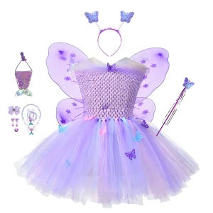 Costume Fée en Tulle avec Ailes et Diadème Robe Tutu Violet pour Enfants Accessoires Inclus Idéal pour Fêtes Halloween Spectacles de Danse
