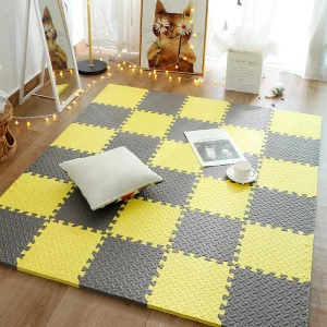 Tapis jeu bébé puzzle mat mousse EVA modulable 30x30cm jaune marron éducatif sécuritaire design moderne pour enfant nourrisson