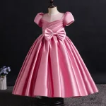 Robe de soirée pour enfant princesse robe élégante en satin et dentelle idéale pour mariage baptême ou anniversaire style européen taille ajustée manches courtes couleur rose vif pour filles 310 ans
