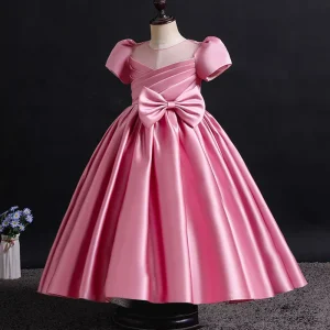 Robe de soirée pour enfant princesse robe élégante en satin et dentelle idéale pour mariage baptême ou anniversaire style européen taille ajustée manches courtes couleur rose vif pour filles 310 ans