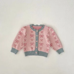 Cardigan à manches longues pour bébé fille tricot doux design mignon motifs nœuds automne hiver vêtement confortable et élégant pour enfant 24 ans