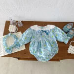 Robe en coton pour filles imprimé floral bleu body bébé col rabattu silhouette Aline accessoires assortis vêtement élégant bébé fille