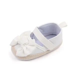 Chaussures bébé fille semelles souples antidérapantes nœud papillon tissu blanc Chaussures bébé fille semelles souples antidérapantes nœud papillon tissu blanc