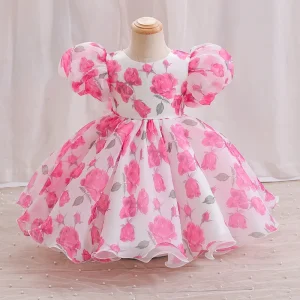Robe de baptême princesse pour bébé fille robe longue fleurie manches bouffantes encolure ronde rose vif occasion spéciale 26 ans Robe de baptême princesse pour bébé fille robe longue fleurie manches bouffantes encolure ronde rose vif occasion spéciale 26 ans