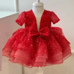 Robe d&rsquo;anniversaire princesse pour filles robe de soirée paillettes style évasé manches courtes col V nœud décoratif rouge scintillant 36 ans robe de fête élégante