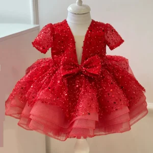 Robe d&rsquo;anniversaire princesse pour filles robe de soirée paillettes style évasé manches courtes col V nœud décoratif rouge scintillant 36 ans robe de fête élégante
